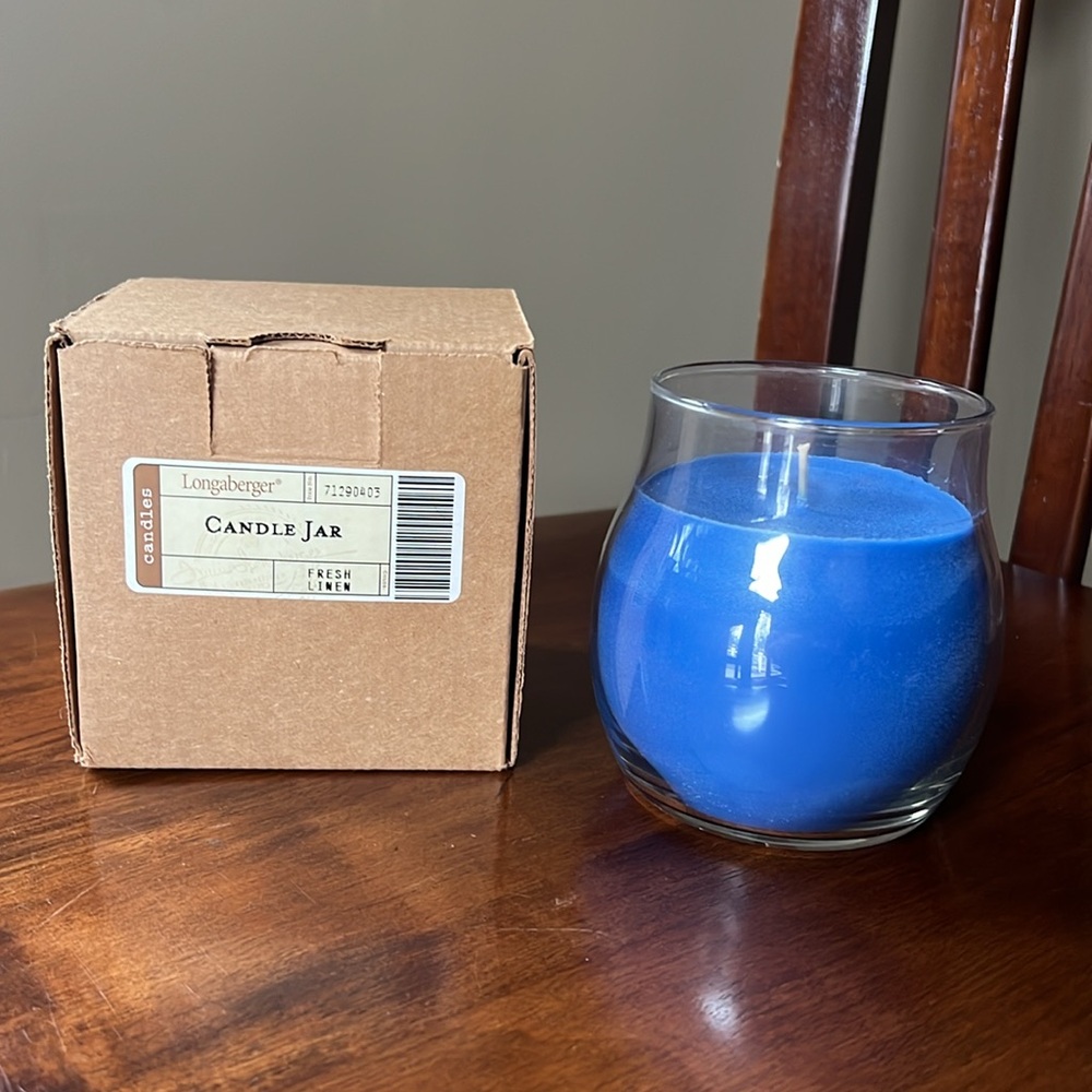 Longaberger candle jar linen scented blue color New in box